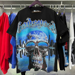 Godspeed T Shirts Skull City Reflection Print Cotton Casual Short Sleeve Men and Women
