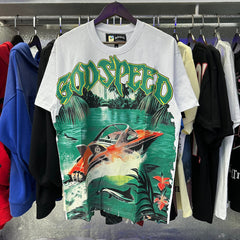 Godspeed T Shirts Speedboat Shark Print Cotton Crew Neck Short Sleeve Men and Women