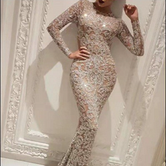 Mariah Carey See through Dress Bronzing Long Sleeve Slim Sexy Dress Evening Dress