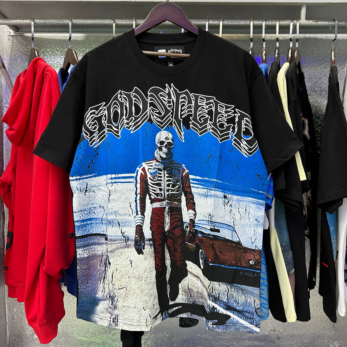 Godspeed T Shirts Sports Car Skull Racer Printed Cotton Casual Short Sleeve Men and Women