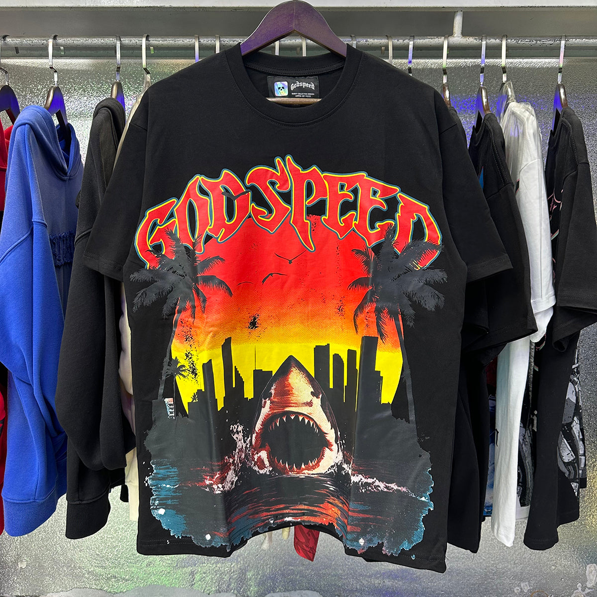 Godspeed T Shirts Urban Coconut Shark Print Cotton Casual Short Sleeve Men and Women