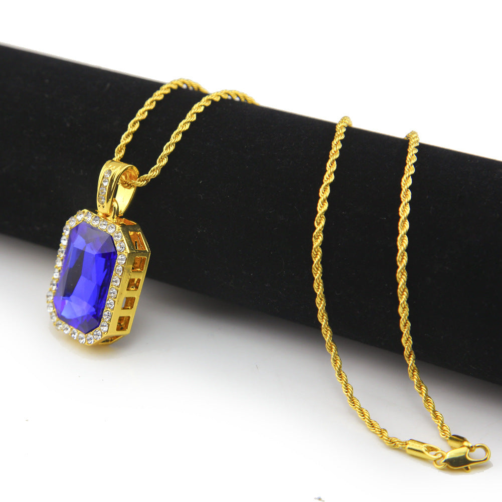 Jewelry Hip Hop Diamond Square Red Treasure Pendant Necklace Spectrum
