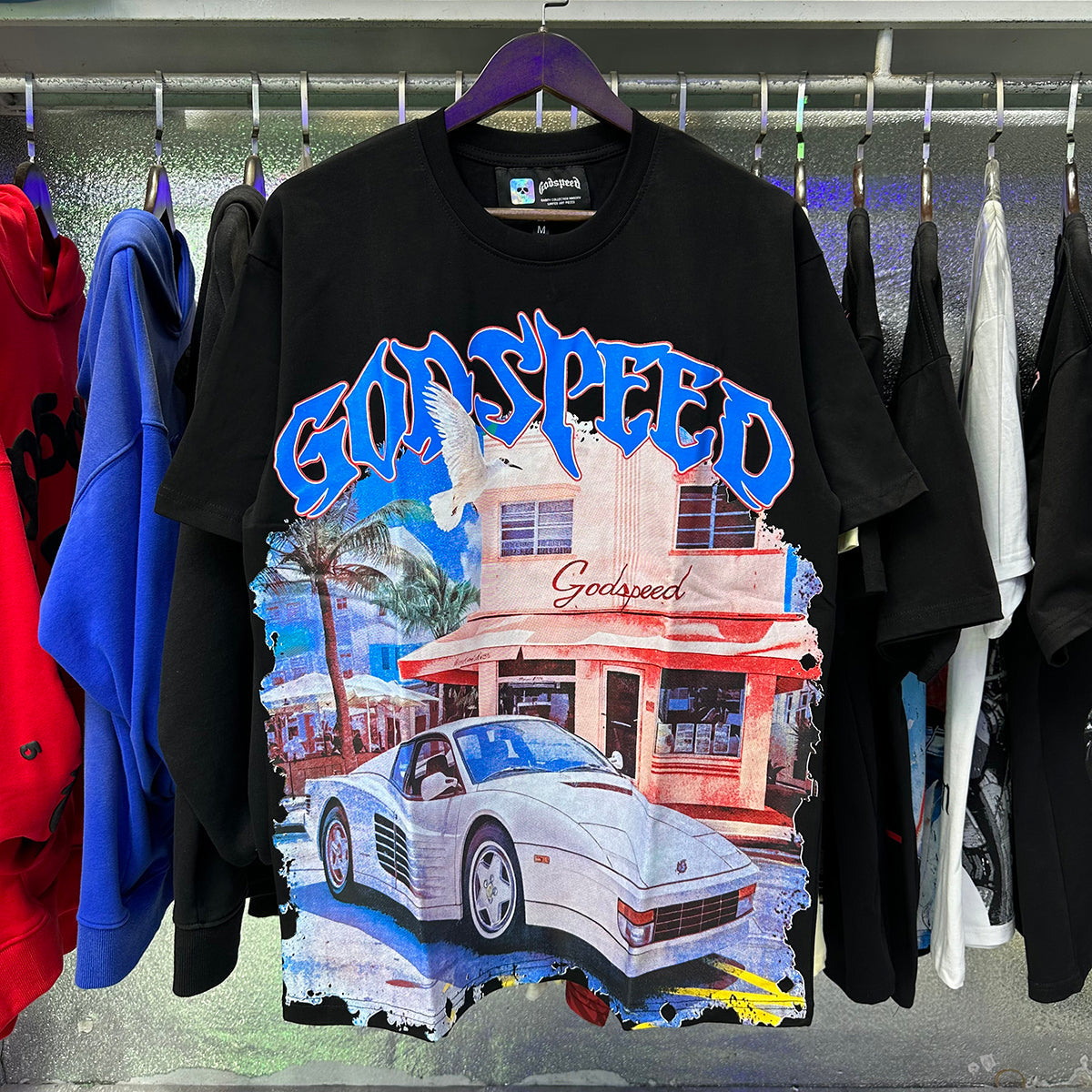 Godspeed T Shirts Convenience Store White Car Printing Cotton Casual Short Sleeve Men's and Women's