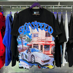 Godspeed T Shirts Convenience Store White Car Printing Cotton Casual Short Sleeve Men's and Women's