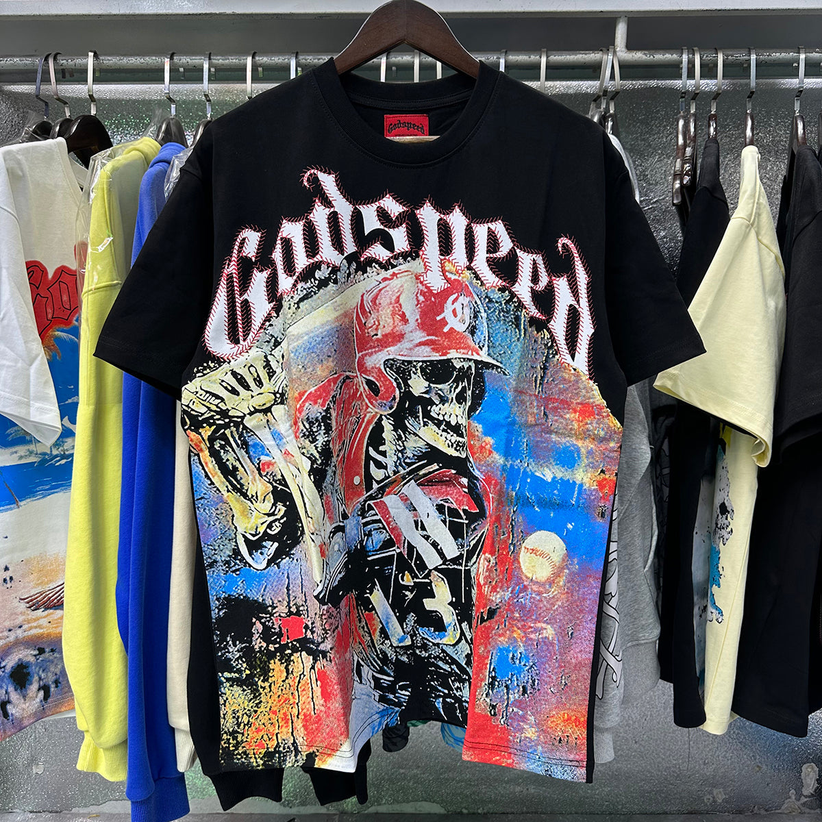 Godspeed T Shirts Skull Baseball Players Printed Cotton Casual Short Sleeves Men and Women