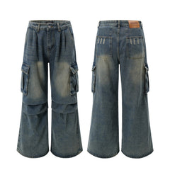 American Men Jeans Washed Old Multi-Pocket Denim Pants