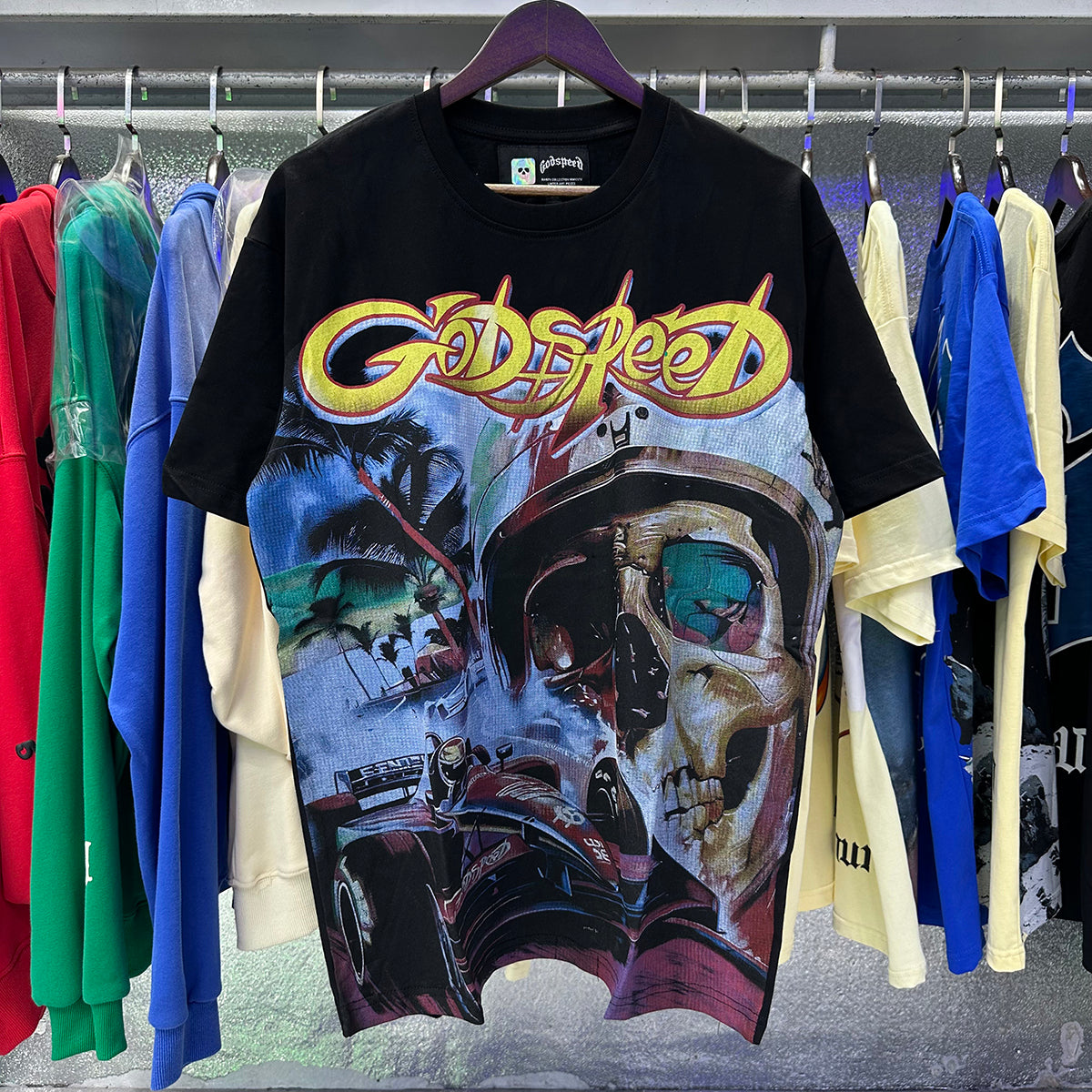 Godspeed T Shirts Skull Racing Printed Cotton Casual Short Sleeves Men and Women