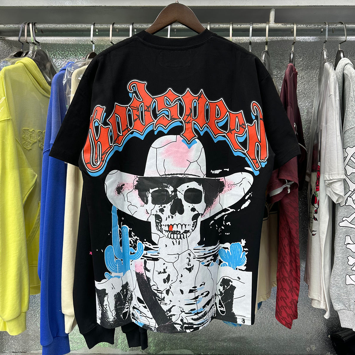 Godspeed T Shirts Great Western Skull Denim Cactus Print Cotton Casual Short Sleeve Men and Women