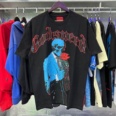 Godspeed T Shirts Skull Gentleman Rose Print Cotton Casual Short Sleeve Men and Women