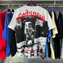 Godspeed T Shirts Astronaut Moon Landing Print Cotton Casual Short Sleeve Men and Women