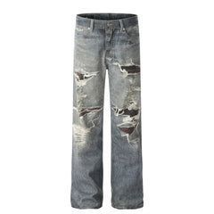 American Men Jeans Vintage Ripped Splicing Washed Old Wide Leg Jeans