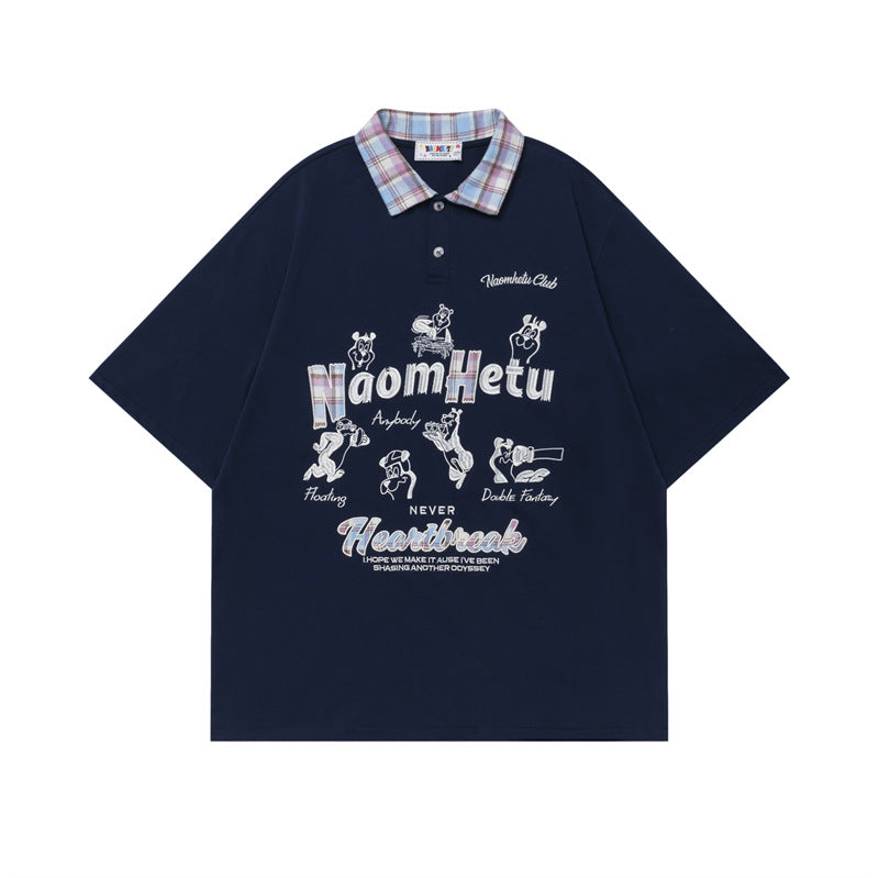 Ellie Seattle Shirt Cartoon Lapel Patchwork Polo Shirt