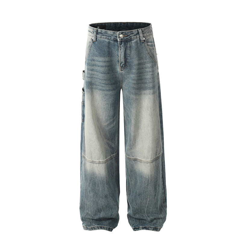 American Men Jeans Washed and Old Tooling Jeans Loose Casual Straight Pants