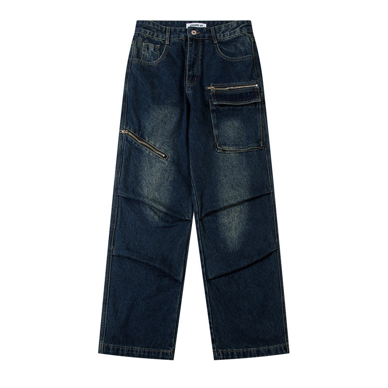 American Men Jeans Washed Water Old Zipper Decorative Denim Straight Pants