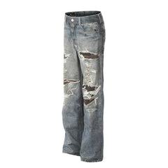 American Men Jeans Vintage Ripped Splicing Washed Old Wide Leg Jeans