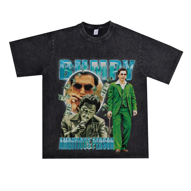 Film Star T Shirt Loose Heavy Retro Street Cotton Small Neckline T-shirt for Men and Women