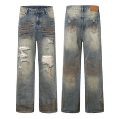 American Mens Jeans Retro Tie-Dyed Ripped Jeans