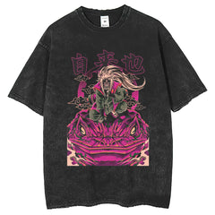 Men T Shirts Hokage Print T-Shirt Retro Old Washed Black