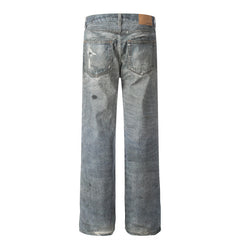 American Men Jeans Vintage Ripped Splicing Washed Old Wide Leg Jeans