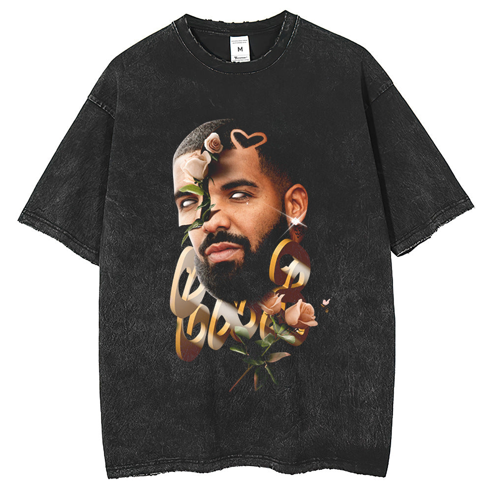 Men T Shirts Rap Printing High Street Old Washing Water