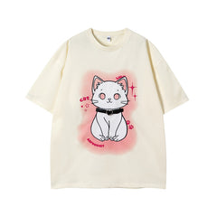 Camisas Vintage Hombre Cat Embroidery Crew Neck Short Sleeve T-Shirt