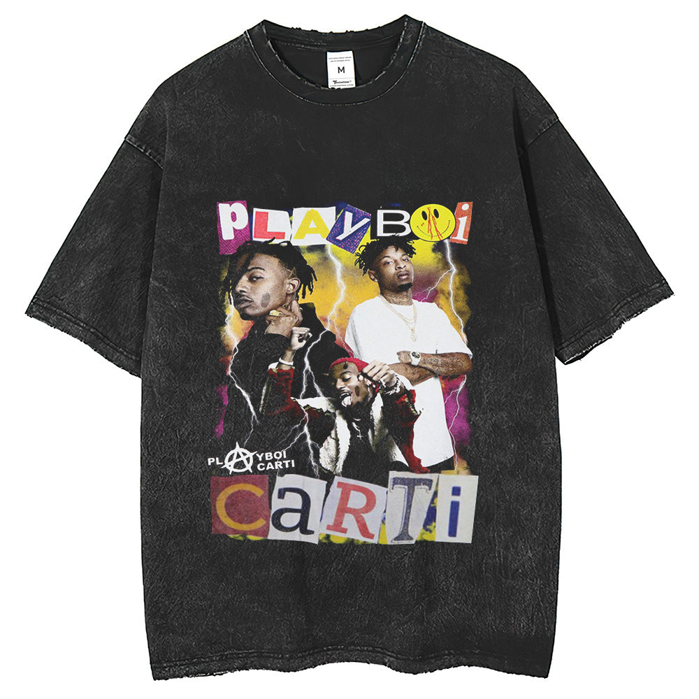 Men T Shirts Cotton Short Sleeve Wash Top Printed Vintage Loose