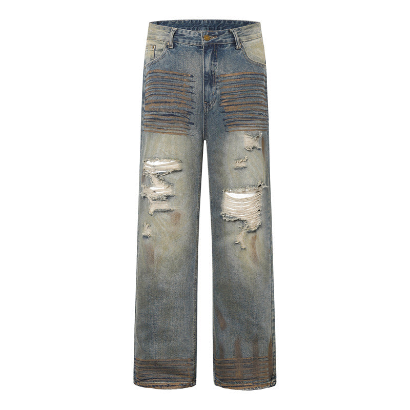 American Mens Jeans Retro Tie-Dyed Ripped Jeans