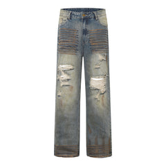 American Mens Jeans Retro Tie-Dyed Ripped Jeans