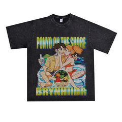 Film Star T Shirt Japanese Cartoons Animation Ponyo on the Cliff by the Sea Movie Loose Heavy Street Cotton T-shirt