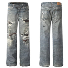 American Men Jeans Vintage Ripped Splicing Washed Old Wide Leg Jeans