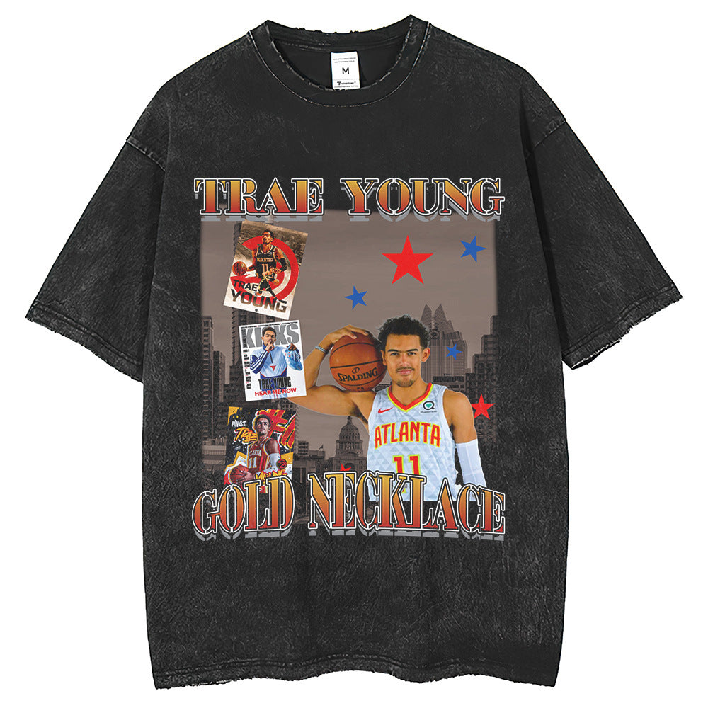 Men T Shirts Hip Hop Wash Retro Print Short Sleeve T-Shirt