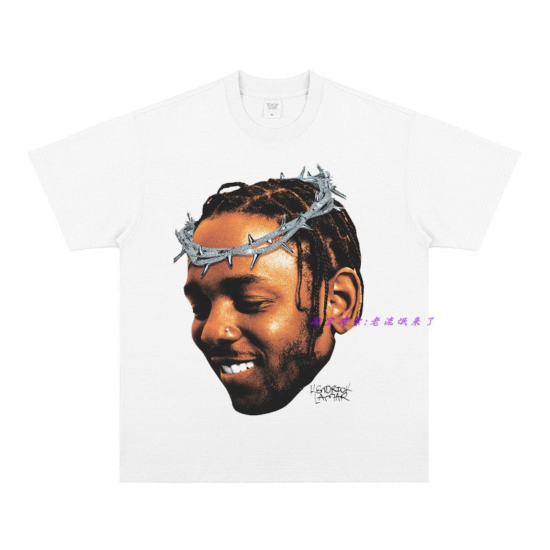 Kendrick Lamar T Shirts Portrait Print Vintage Hip Hop Short Sleeve Loose T-Shirt
