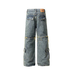 American Mens Jeans Retro Multi-Pocket Straight Pants
