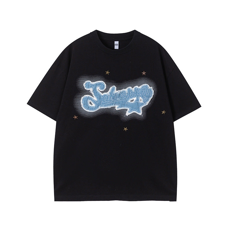 Camisas Vintage Hombre Vintage Star Letter Patch Short Sleeve T-Shirt