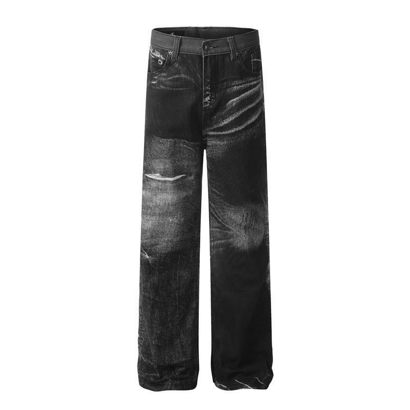 American Men Jeans Hip Hop Washed Old Inkjet Straight Jeans