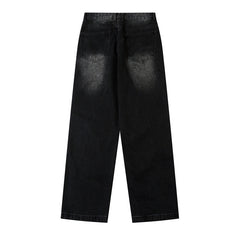 American Men Jeans Washed Water Old Zipper Decorative Denim Straight Pants