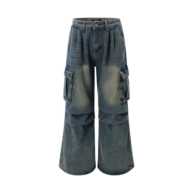 American Men Jeans Washed Old Multi-Pocket Denim Pants