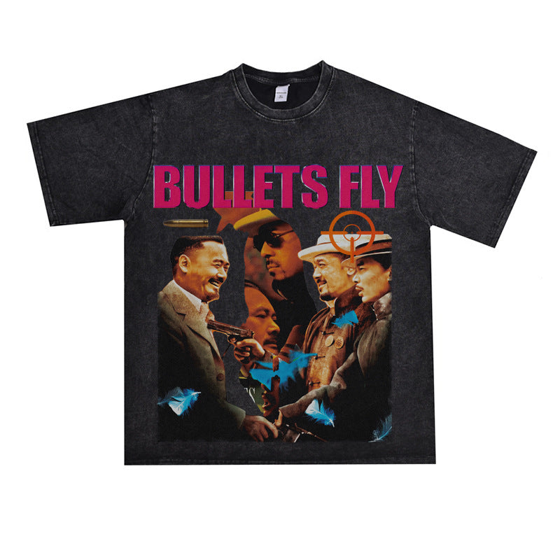 Film Star T Shirt Short Sleeve Retro American Street Heavy Personality T-shirt for Men and Women