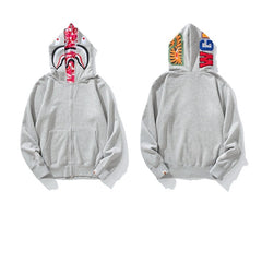 Bathing Ape Hoodie Shark Double Hat Embroidered Zip Sweater Casual Loose Hooded Jacket