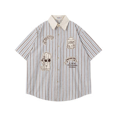 Ellie Seattle Shirt Vintage College Style Cartoon Embroidered Striped Short Sleeve Shirt