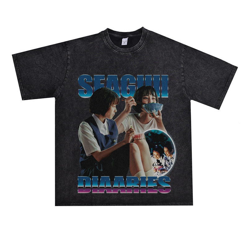 Film Star T Shirt Sea Street Diary Loose Retro Street Pure Cotton American T-shirt Men and Women