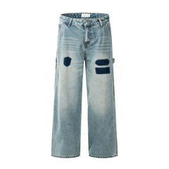 American Men Jeans Vintage Washed Blue Tie-Dye Tooling Jeans