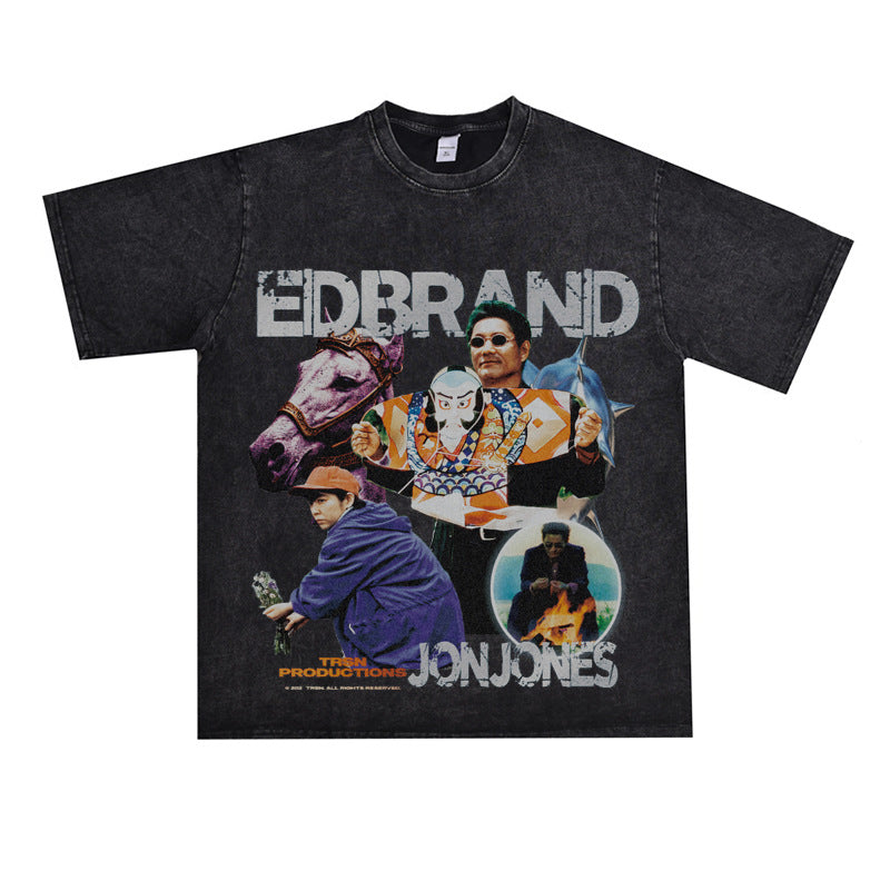 Film Star T Shirt Loose American Retro Heavy round Neck Street T-shirt for Men and Women