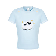 80s Casual Classics Shirts Vintage Cute Lamb Embroidered Short Sleeve T-Shirt