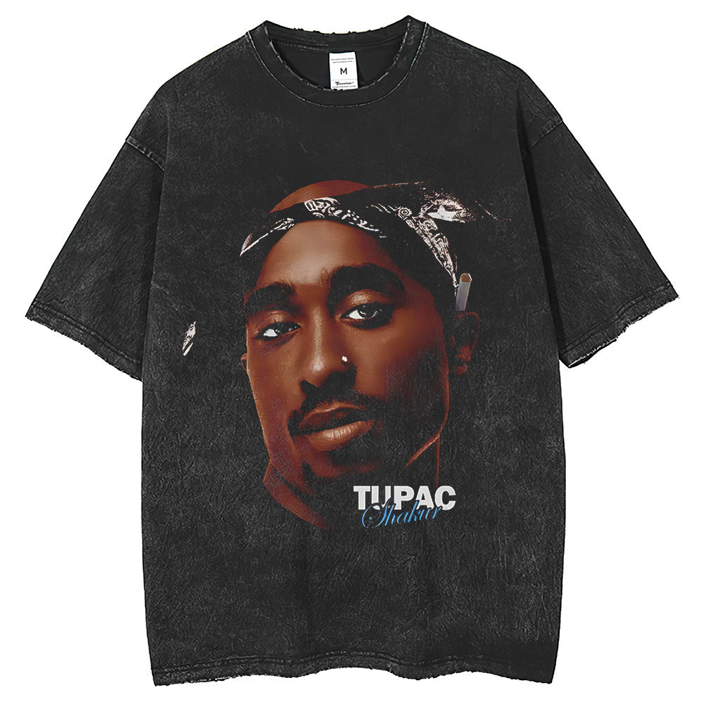 Men T Shirts Hip Hop Trend Brand 2pac Printing Old Fried Snowflake T-Shirt