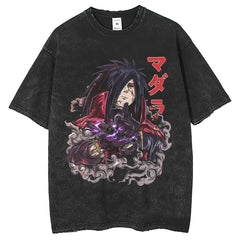 Men T Shirts Hokage Print T-Shirt Retro Old Washed Black