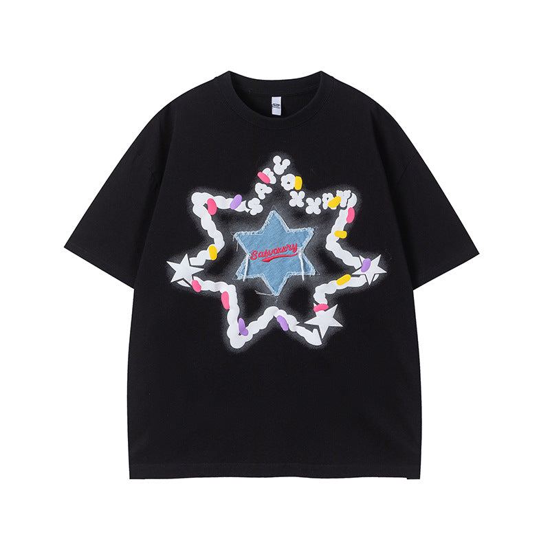 Camisas Vintage Hombre Vintage Star Patch Hip Hop Short Sleeve T-Shirt