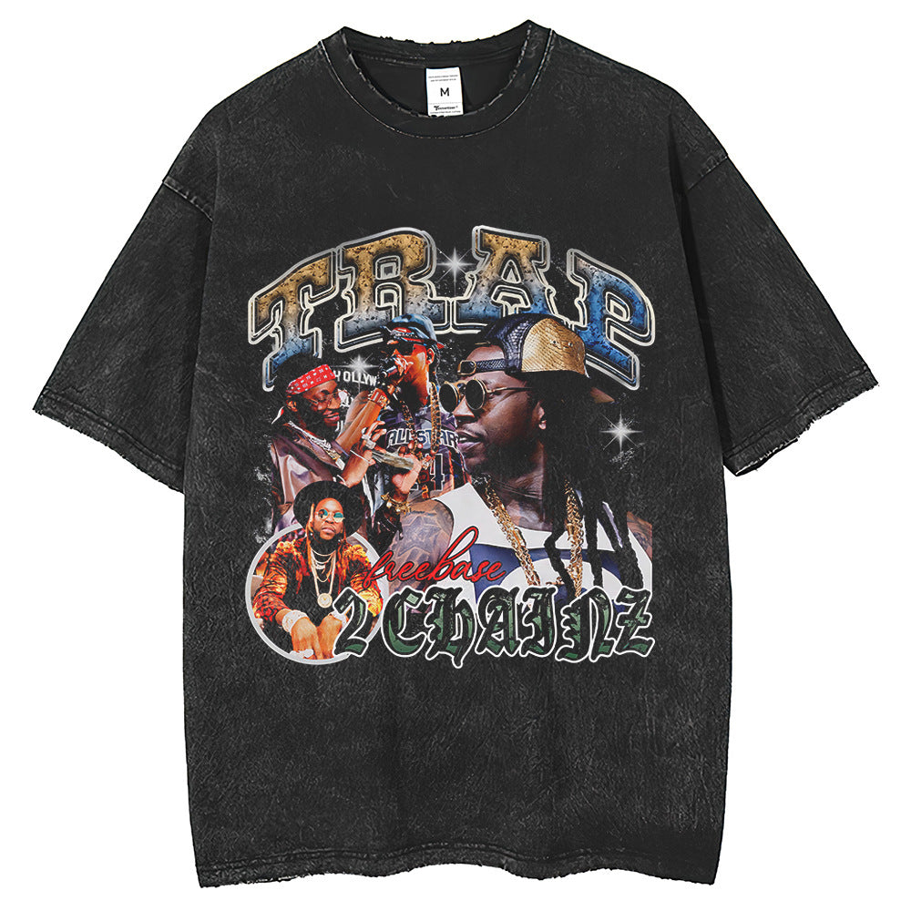 Men T Shirts Printed T-Shirt Washing Water Loose Retro Style Crew Neck Old