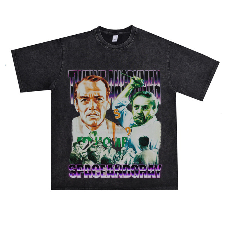 Film Star T Shirt Loose Retro Street Cotton Personality round Neck Print T-shirt