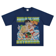 Film Star T Shirt Japanese Cartoons Animation Ponyo on the Cliff by the Sea Movie Loose Heavy Street Cotton T-shirt